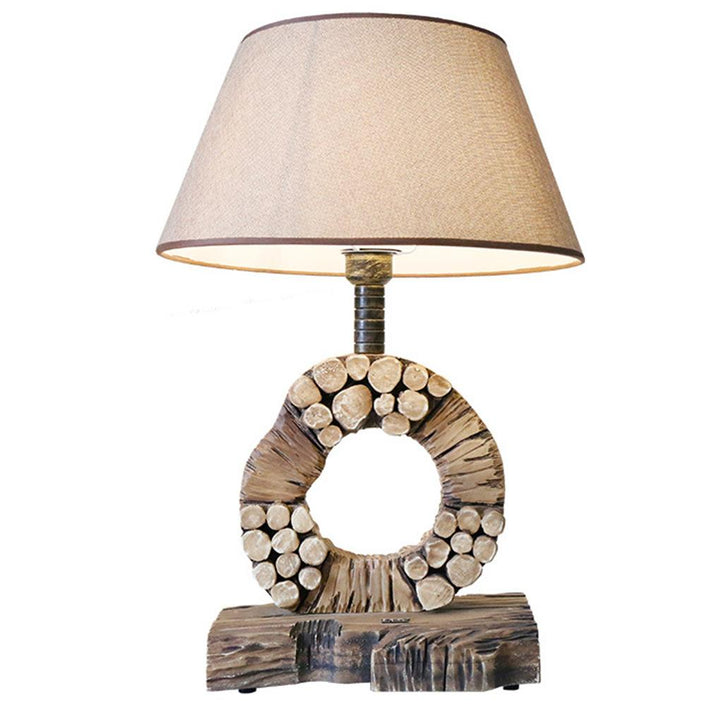 Table Lamp Vintage Solid Wood Bedside Light Desk Lighting with Lampshade for Bedroom Study Room