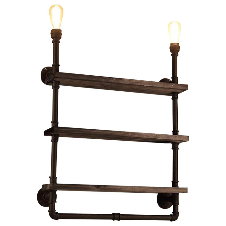 Wall Pipe Lamp 3-Tier Iron Solid Wood Bookshelf Display Stand Light for Study Living Room
