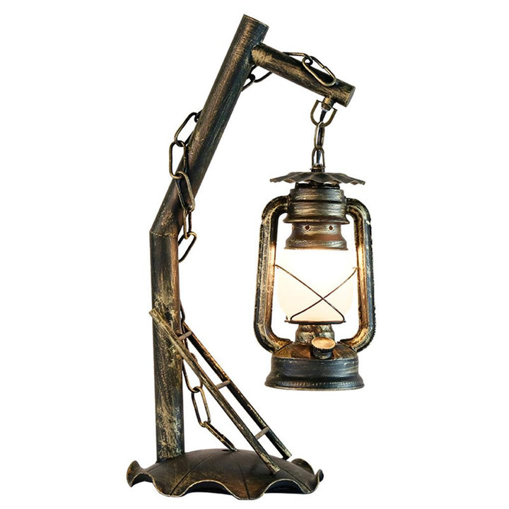 Table Lamp Rustic Iron Lantern Bedside Light Lighting with Clear Lampshade for Bedroom Study Room